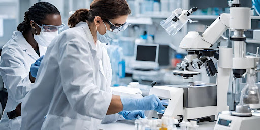 (Clinical Laboratory Scientists working in a laboratory, analyzing samples with precision.)