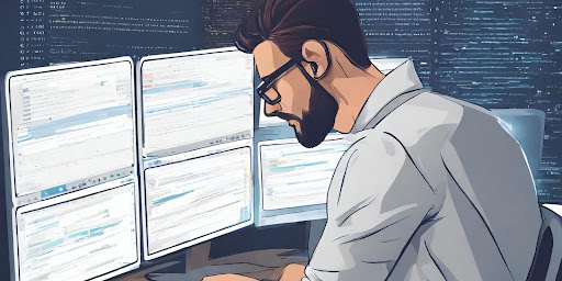 ("Professional Coding: Lines of Code on Computer Screen.") ("Professional coder working on a computer, typing lines of code in a modern interface.")