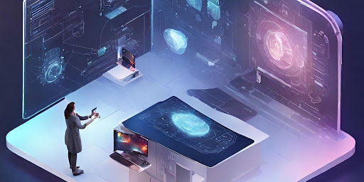 ("Futuristic Technology: Holographic Displays and Advanced Innovations") ("Illustration of futuristic technology with holographic displays and advanced innovations.")