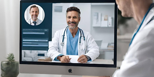 ("Virtual Consultation: Patient and doctor engaging in telemedicine via video call.") ("Patient engaging in a telemedicine consultation with a doctor via video call on a tablet.")