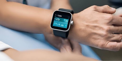 ("Connected Health: Patient wearing smartwatch for remote monitoring in RPM.") ("Patient wearing a smartwatch for remote health monitoring, showcasing connected devices in RPM.")