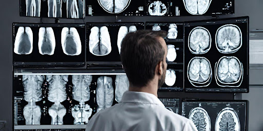 ("AI-enhanced Imaging: Radiologist using advanced algorithms for medical image analysis.") ("Radiologist utilizing AI algorithms to analyze medical images, comparing traditional and AI-assisted analysis.")