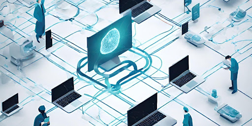 ("Integrated Health Systems: Seamless data exchange for improved healthcare interoperability.") ("Network of interconnected healthcare systems seamlessly exchanging data, promoting interoperability.")