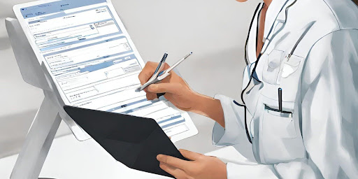("A patient fills out registration forms, an essential step in the medical billing process for ancillary services.")