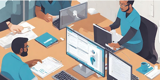 ("Image of a coding team collaborating, discussing and working together to accurately integrate CPT and ICD-10 codes.")