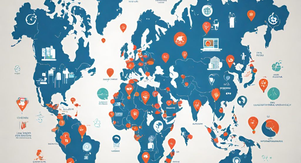 ("Global Coverage Map for International Health Insurance") ("World map illustration with icons representing international health insurance coverage in different regions.")