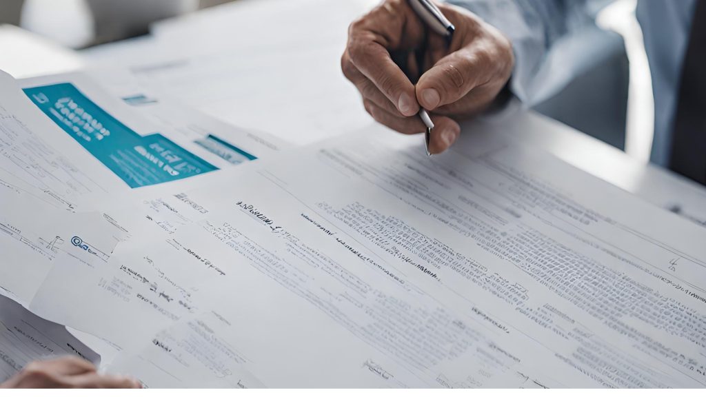 ("Reviewing Detailed Health Insurance Policy Documents for Comprehensive Understanding") ("Person reviewing detailed health insurance policy documents for understanding coverage.")