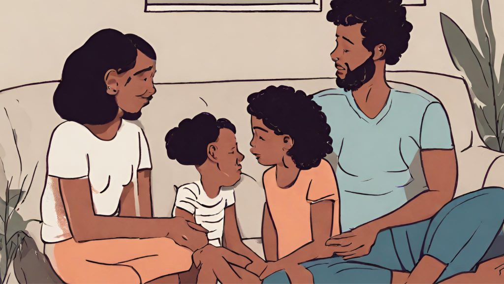 ("Family Discussion: Assessing and Prioritizing Needs Together") (Family engaged in a discussion, assessing and prioritizing their needs together.")
