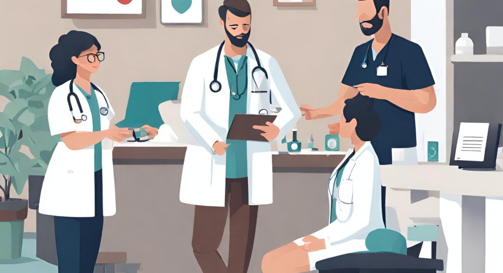 (Healthcare Professionals Providing Patient-Centered Care") ("Healthcare professionals providing attentive care to patients, illustrating quality of care and patient-centered approach.")