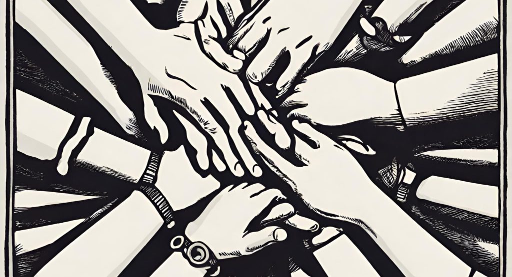(Solidarity in Patient Advocacy") ("Hands clasped together in solidarity, symbolizing patient advocacy and support.")