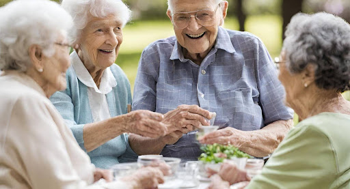 ("Seniors participating in a community event, socializing and engaging in activities.")
