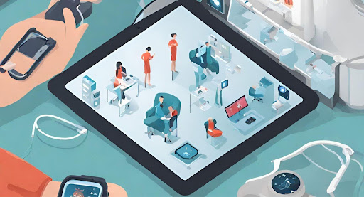 ("Visual of a person using remote monitoring devices like wearables for telehealth solutions.")