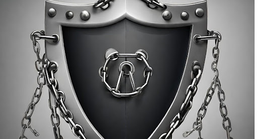 ("A shield with locks and chains symbolizing protection and security measures against fraud and compliance breaches.")