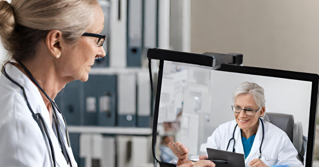 A patient engaged in a telemedicine consultation with a healthcare professional, using a computer for a virtual medical appointment.