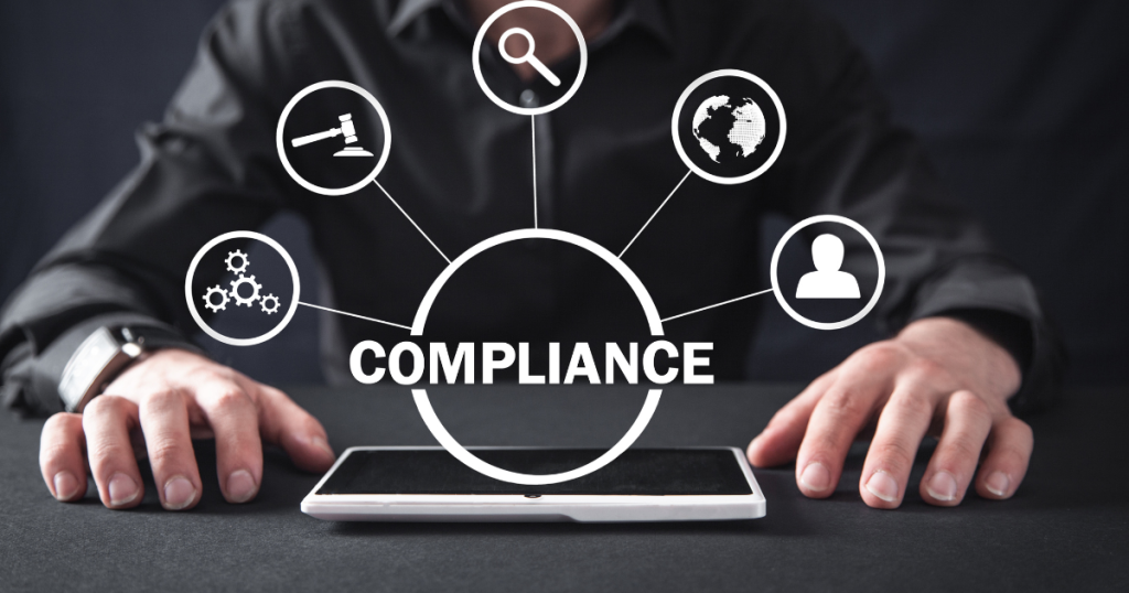 An image featuring legal documents, regulatory agency logos (e.g., CMS, Joint Commission), and compliance checklists to represent the importance of adhering to regulatory standards in healthcare credentialing