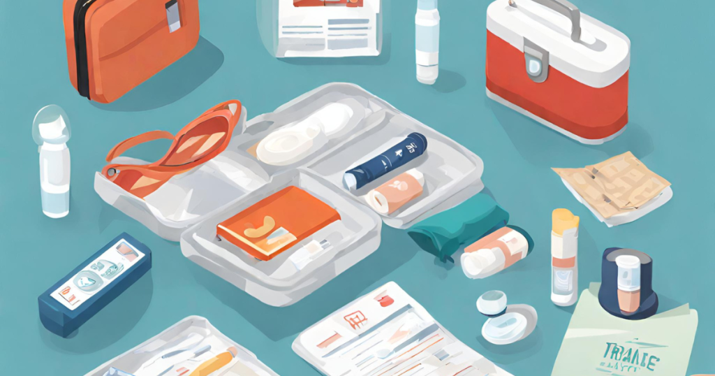 Informative visuals offering travel tips for individuals with pre-existing conditions, including images of packing essentials