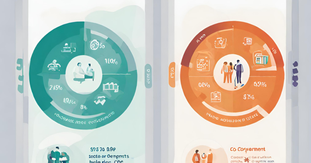 Co-payment_vs_Co-insurance_Visual Visual graphics explaining the difference between co-payments and co-insurance, using symbols or icons to represent fixed amounts and percentages