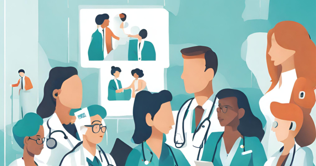 Healthcare providers networking at professional conferences, emphasizing the importance of building professional connections Healthcare providers networking at professional conferences, showcasing the importance of building connections