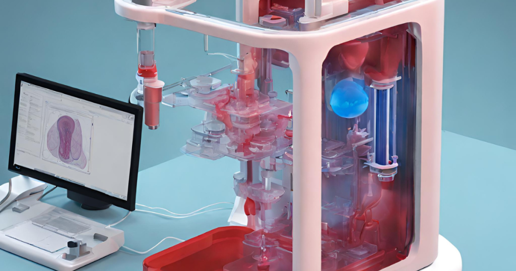 Image showing a bioprinter creating a 3D organ, emphasizing the potential for organ transplantation advancements.