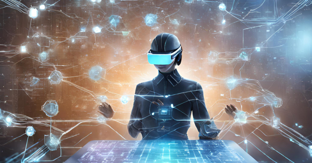 A futuristic image depicting innovative technologies like blockchain and artificial intelligence in credentialing, with futuristic elements such as holographic displays or virtual reality interfaces