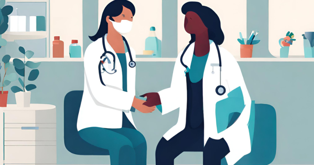 Access to healthcare services: ensuring equitable healthcare for all A person sitting in a doctor's office, receiving medical treatment, symbolizing equitable access to healthcare services