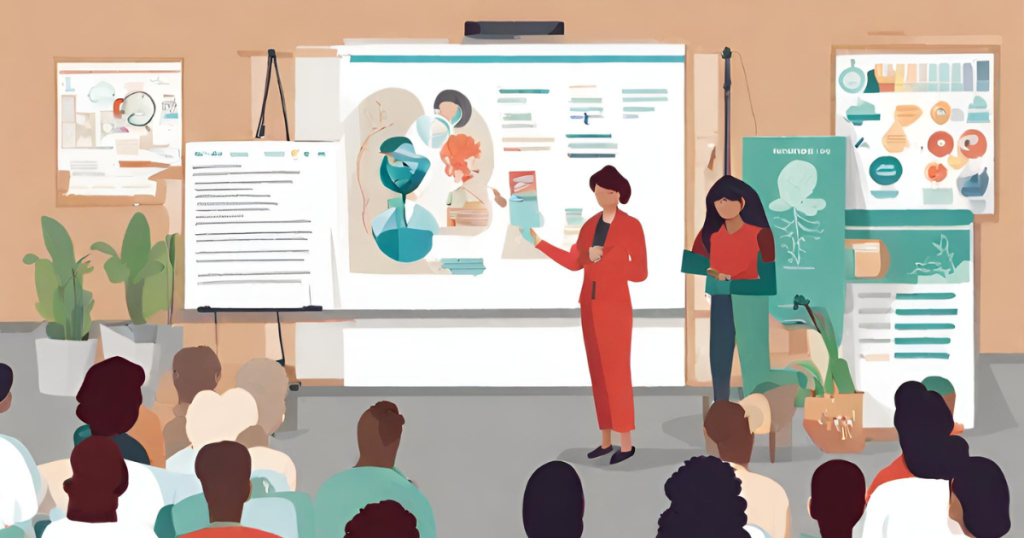 Empowering through education: promoting health literacy and awareness. A health educator conducting a workshop on health promotion, empowering individuals with knowledge about preventive care and navigating the healthcare system.