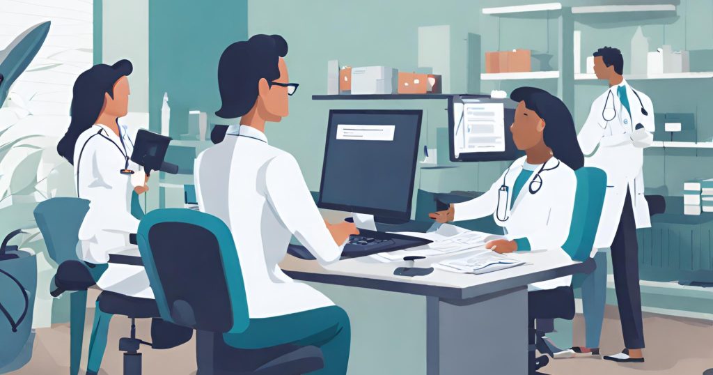 "Medical billing professionals working together in a streamlined office environment, optimizing workflow processes."