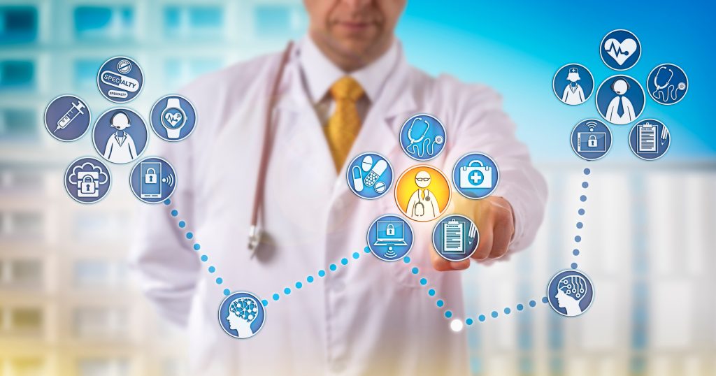 ("Doctor showcasing telemedicine credentials") ("Smiling doctor in scrubs holding up medical credentials against a telemedicine background.")