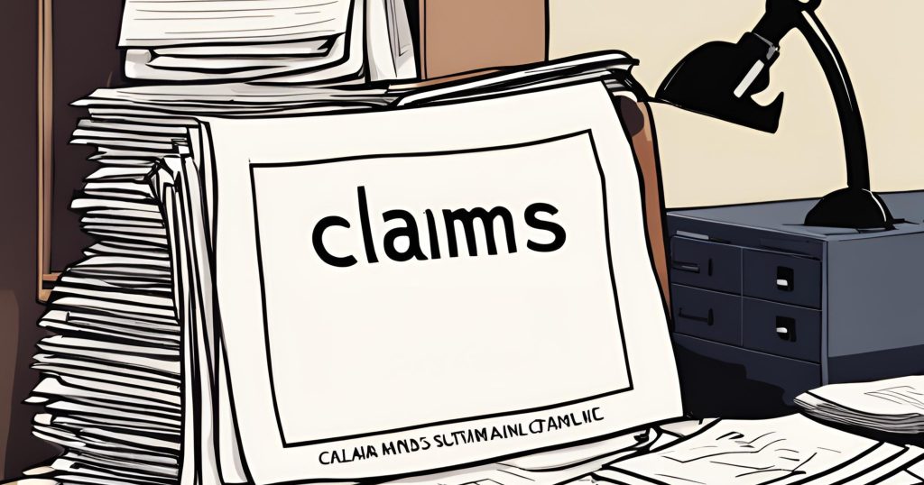 "Stack of paperwork representing manual process of submitting claims data." "Stack of paperwork labeled 'Claims Data' on a desk, symbolizing manual process of submitting claims data."