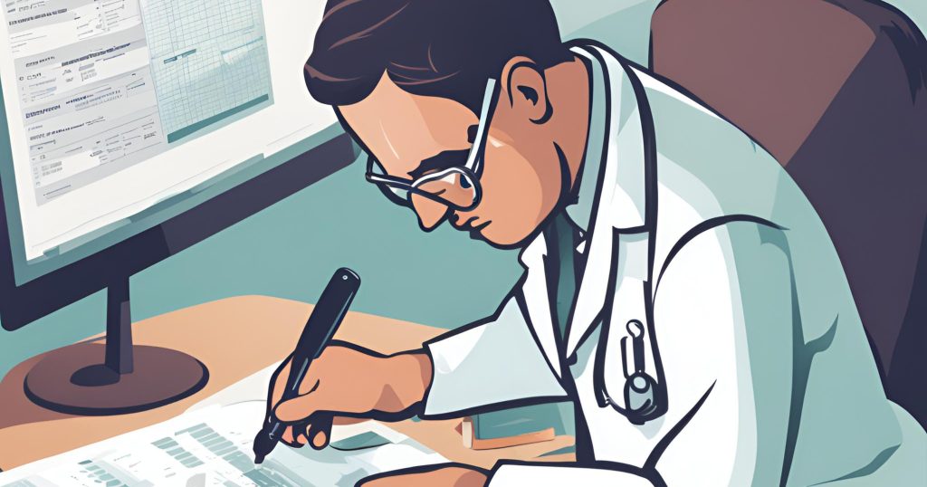 "Medical coder reviewing charts with a magnifying glass highlighting incorrect codes."