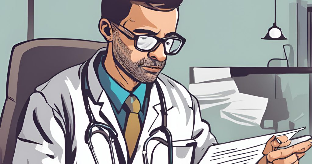 "Healthcare professional reviewing regulatory documents"