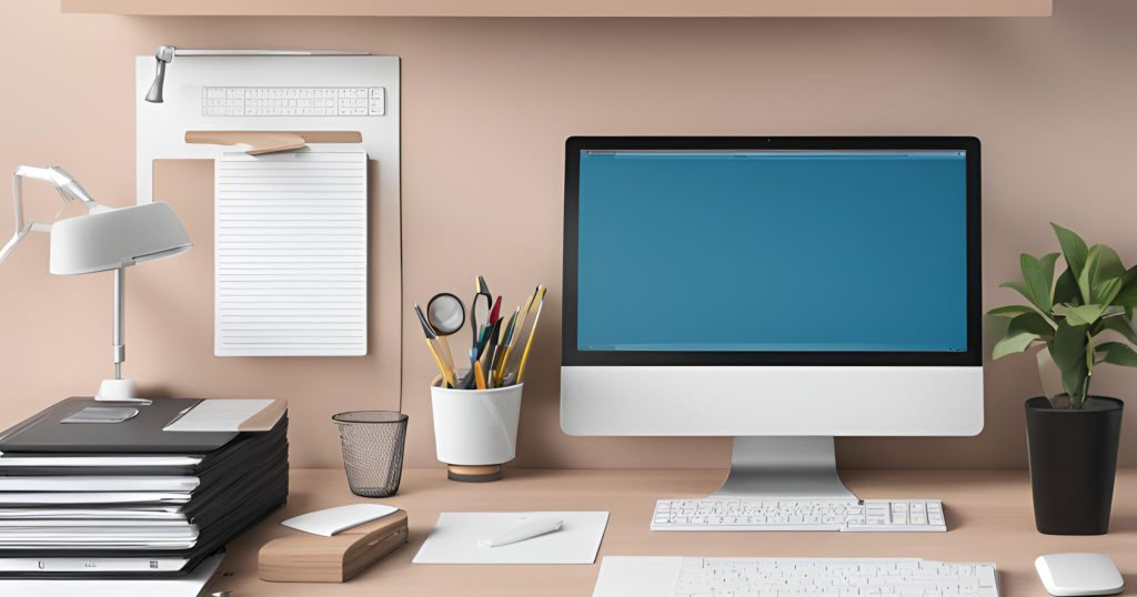 "A neatly arranged desk with organized files, a clean computer screen, and minimal clutter."