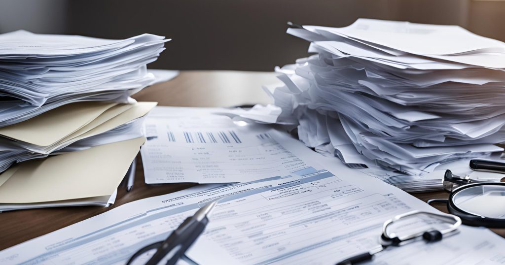 ("Overwhelming Paperwork in Out-of-Network Billing") ("Desk overflowing with medical bills, insurance forms, and documents, representing the overwhelming paperwork in out-of-network billing.")
