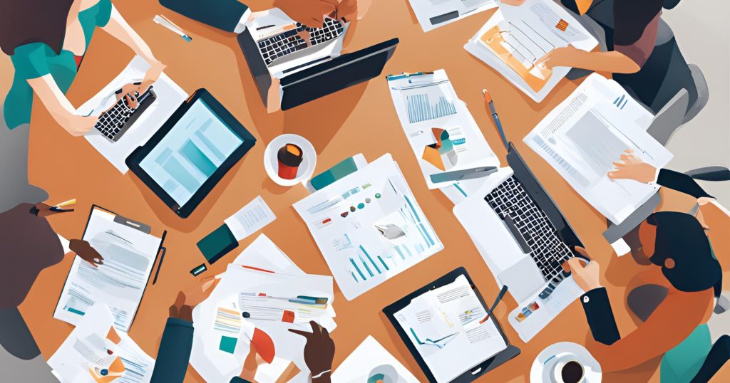 (Audit Team Discussing Results") ("A group of professionals sitting around a table with laptops and documents, discussing audit results.")