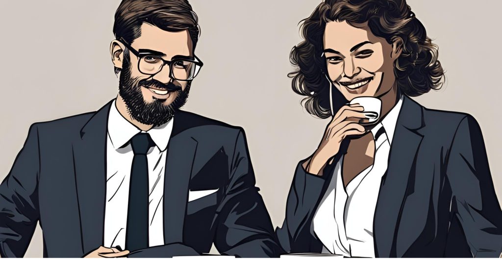 ("People in formal attire having a conversation over coffee.")