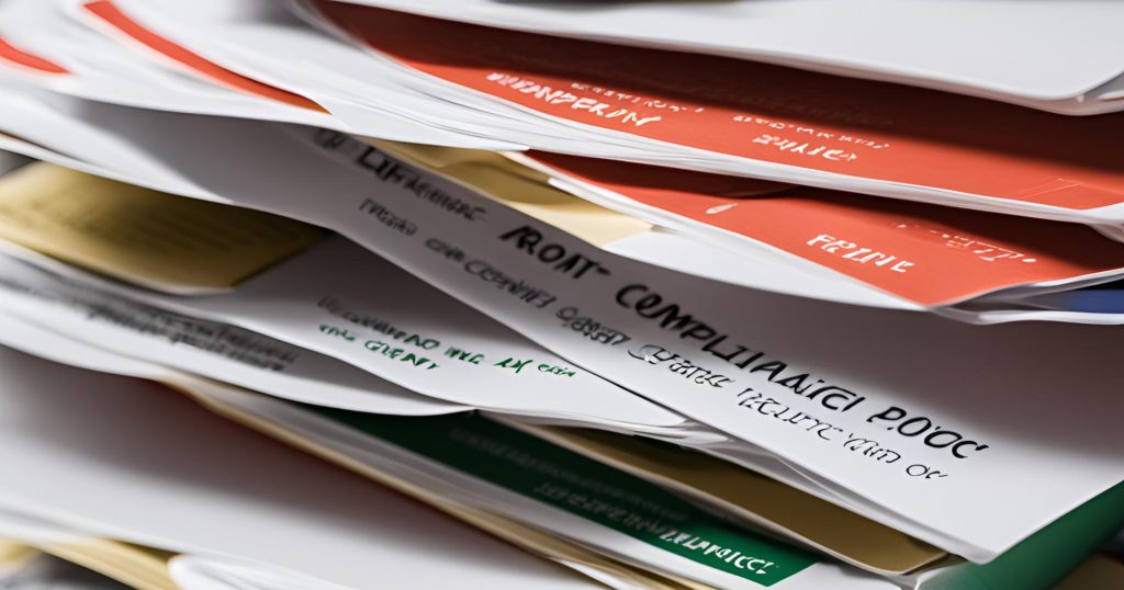 ("Documents and manuals labeled 'Compliance Policy' on a desk.")