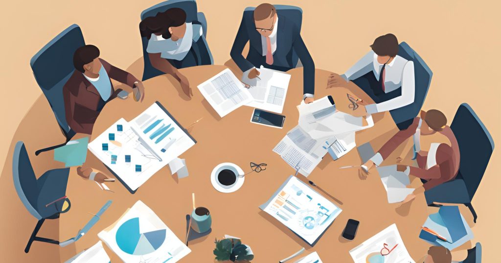 "Professionals discussing performance metrics and progress in a team meeting"
