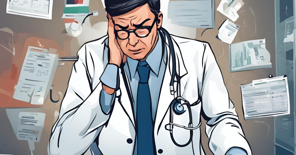  "Medical professional looking confused at a complex billing software interface."