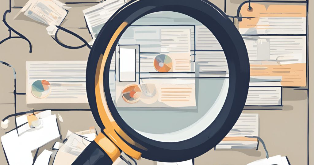 "Identifying Areas for Improvement: Zooming in on Process Examination" "Magnifying glass zooming in on a process, representing the need for closer examination to identify improvement opportunities."