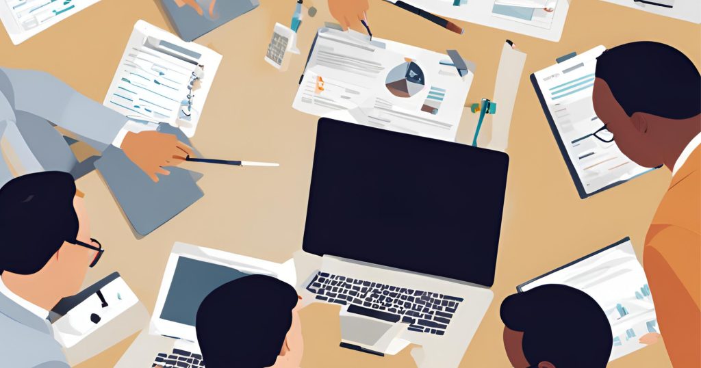 "Quality Assurance Team: Collaborative Efforts for Quality Excellence" "A diverse team of professionals sitting around a table, engaged in discussion, possibly reviewing data on a screen."