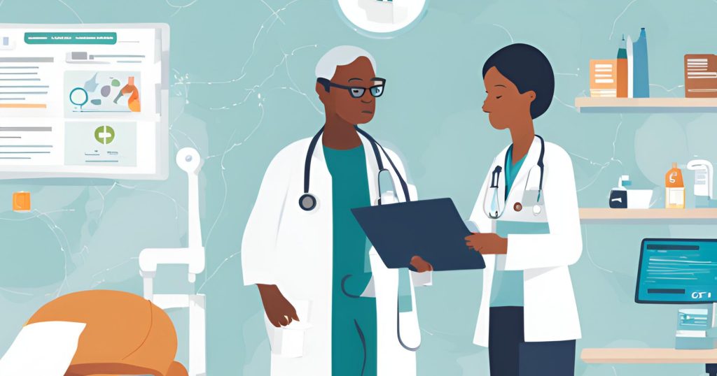 A patient navigator assisting an individual through the healthcare system, guiding them to resources to address barriers and disparities in access to care.