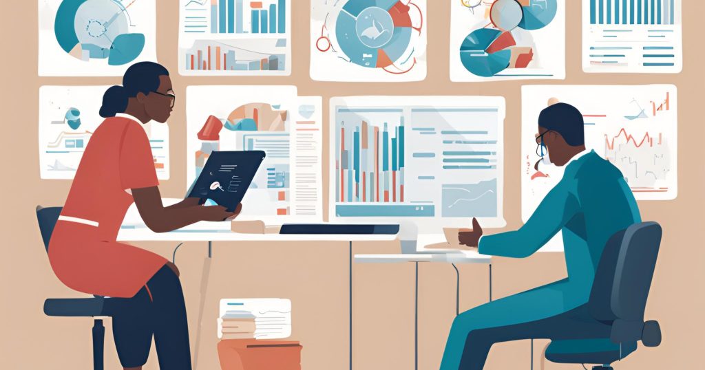  Researchers analyzing data sets, charts, and graphs to identify patterns and disparities in healthcare access, treatment, and outcomes.