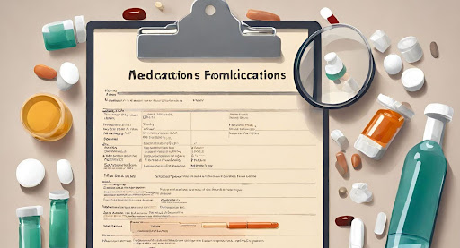 ("Formulary Medication List") ("Clipboard with a list of medications, representing a formulary.")