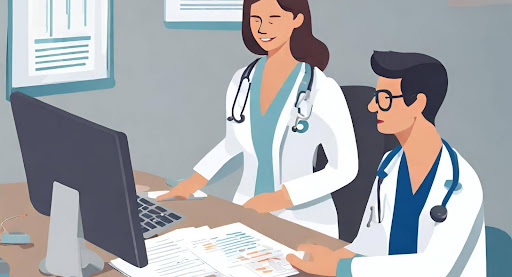 ("Doctor-Patient Prior Authorization Discussion") ("Doctor explaining prior authorization process to patient.")