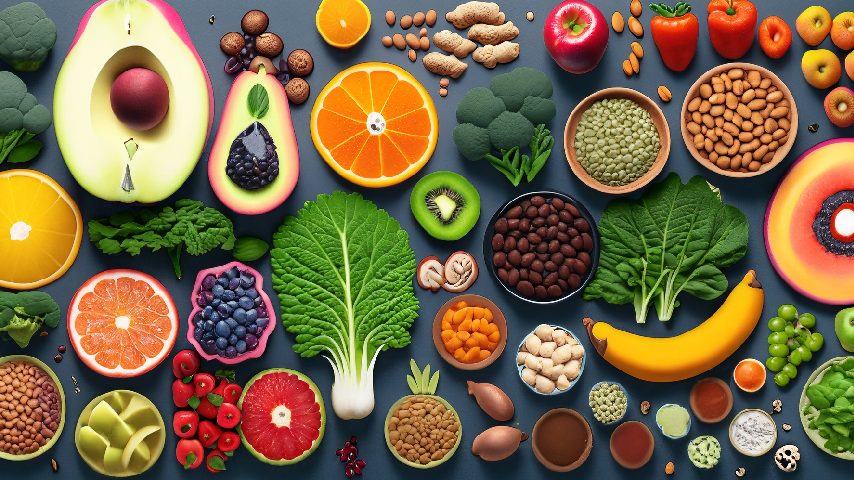 "Colorful plate filled with fruits, vegetables, and whole grains, promoting nutrition for disease prevention and management."
