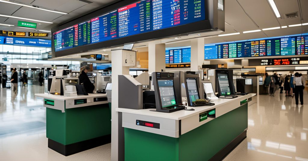  "Currency exchange counter at a bank or airport, displaying exchange rates and serving customers."