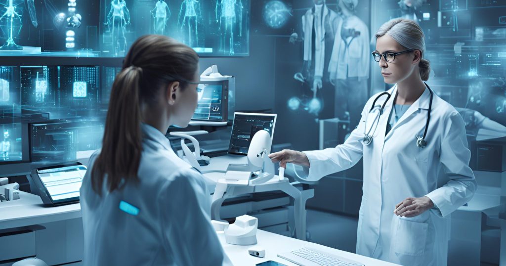"Streamlining Healthcare with ICD-11 Technology Integration" "A futuristic scene showing healthcare professionals using advanced technology powered by ICD-11 to streamline diagnoses, treatment, and medical record-keeping processes."