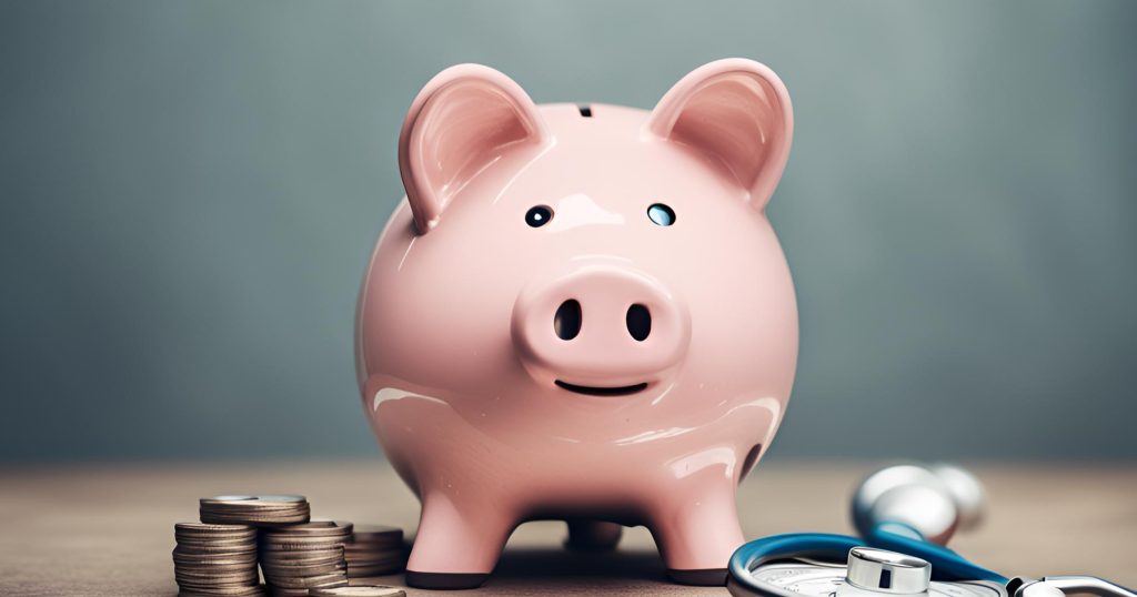 "A piggy bank next to a medical cross symbol, illustrating the need to save for medical emergencies and the role of insurance in providing financial security."