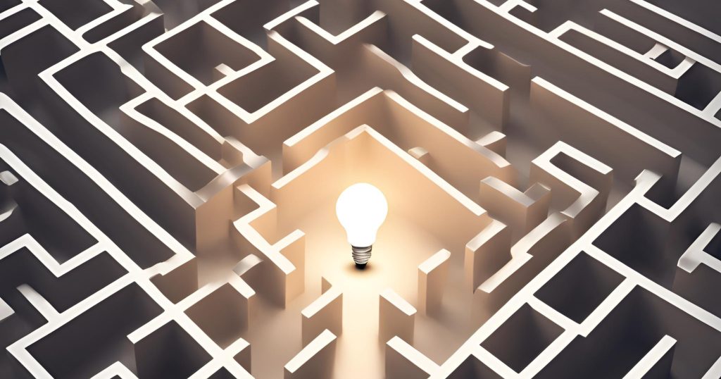 A maze with a light at the end symbolizing finding solutions amidst challenges. A maze with intricate paths leading towards a glowing light at the center, representing the journey of navigating challenges and finding solutions amidst complexity."