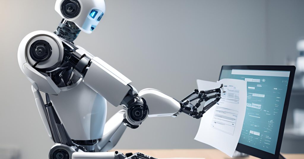 "Automated Medical Billing Process" "A robotic arm processing paperwork with medical billing documents, symbolizing automation in medical billing using machine learning algorithms."